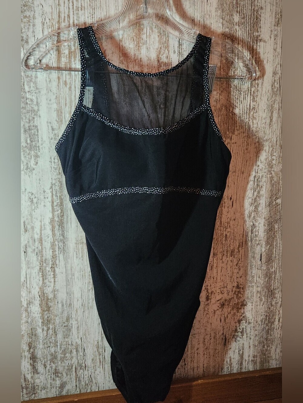 Longitude Black High-Cut One-Piece Swimsuit with Sheer Mesh Yoke Dot Trim Sz 12